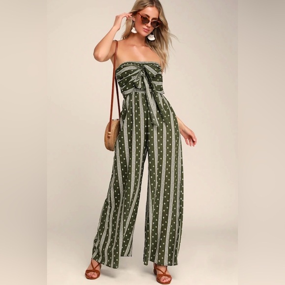 Lulus Pants - Lulus Raine Olive Green Print Strapless Jumpsuit Wide Leg Small Boho
